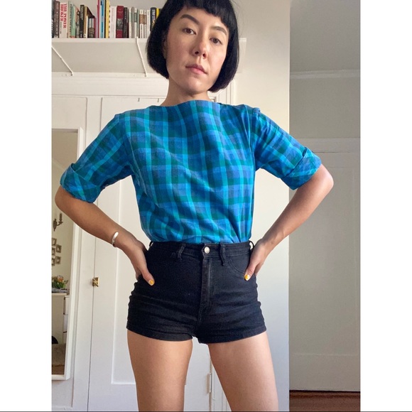 SOLD Vintage Handmade Turquoise Plaid Gingham Boatneck Top - Picture 2 of 9